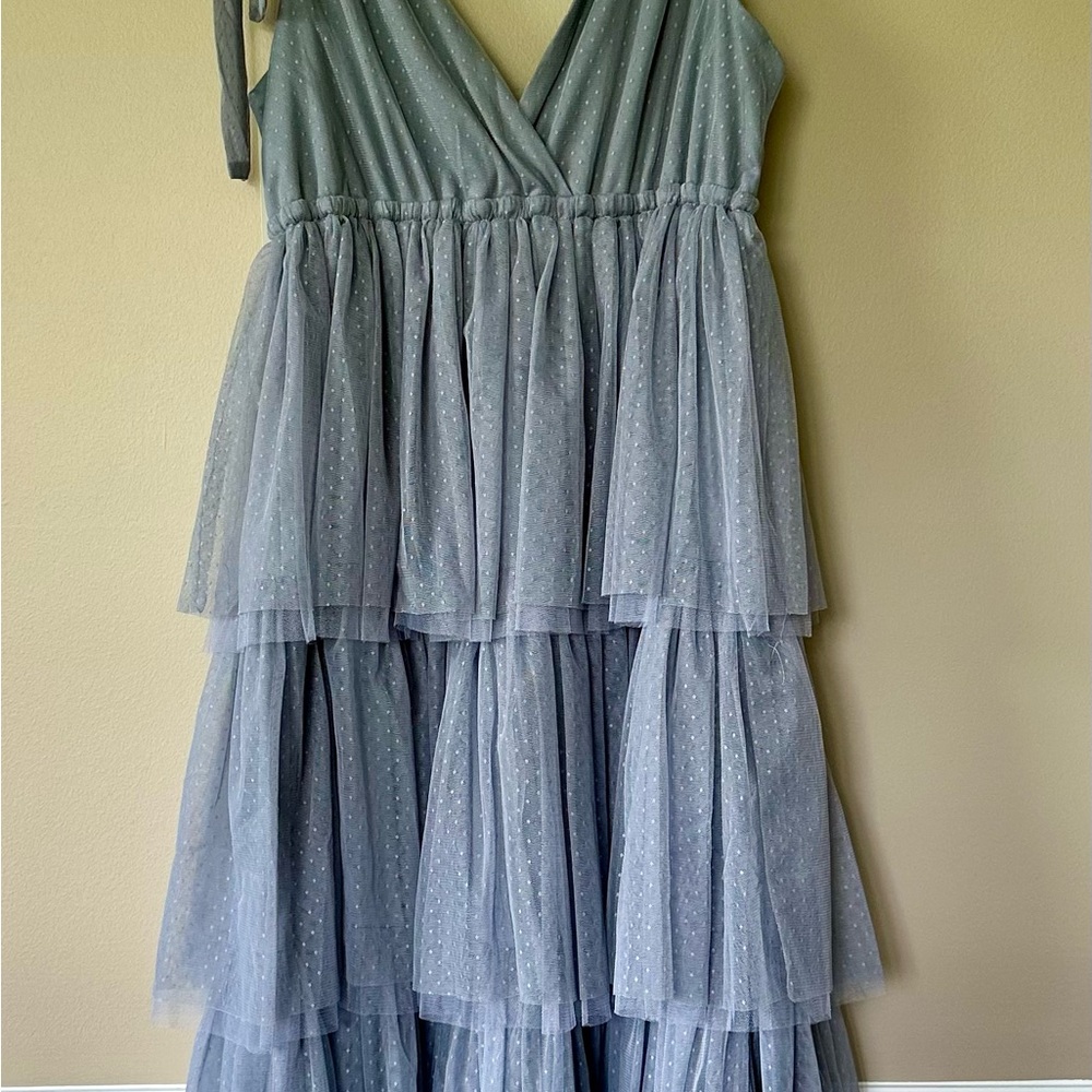 NWT In Bloom In Dusky Blue Polka Dot Tiered Tulle Midi Dress Size L